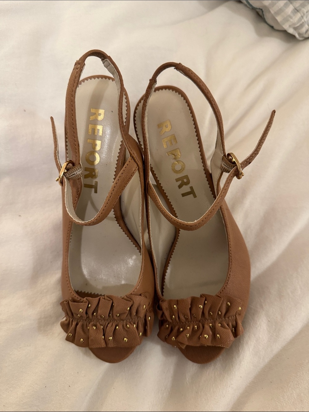 REPORT Tan Ruffle Peep-Toe Slingback Heels with Gold Stud Detail